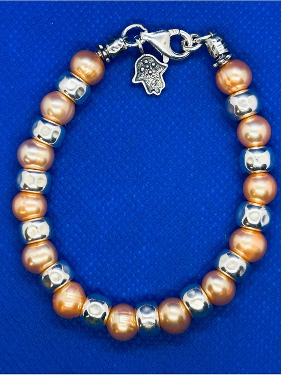 Passage to Israel Jewelry Jewelry - Sterling Silver Hamsa Peach Pearl Bracelet by Passage to Israel